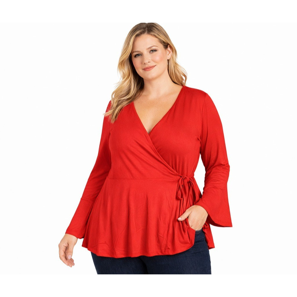 Jessica London Women’s 14/16 Red Wrap Front Stretch Top Long Sleeve NWOT